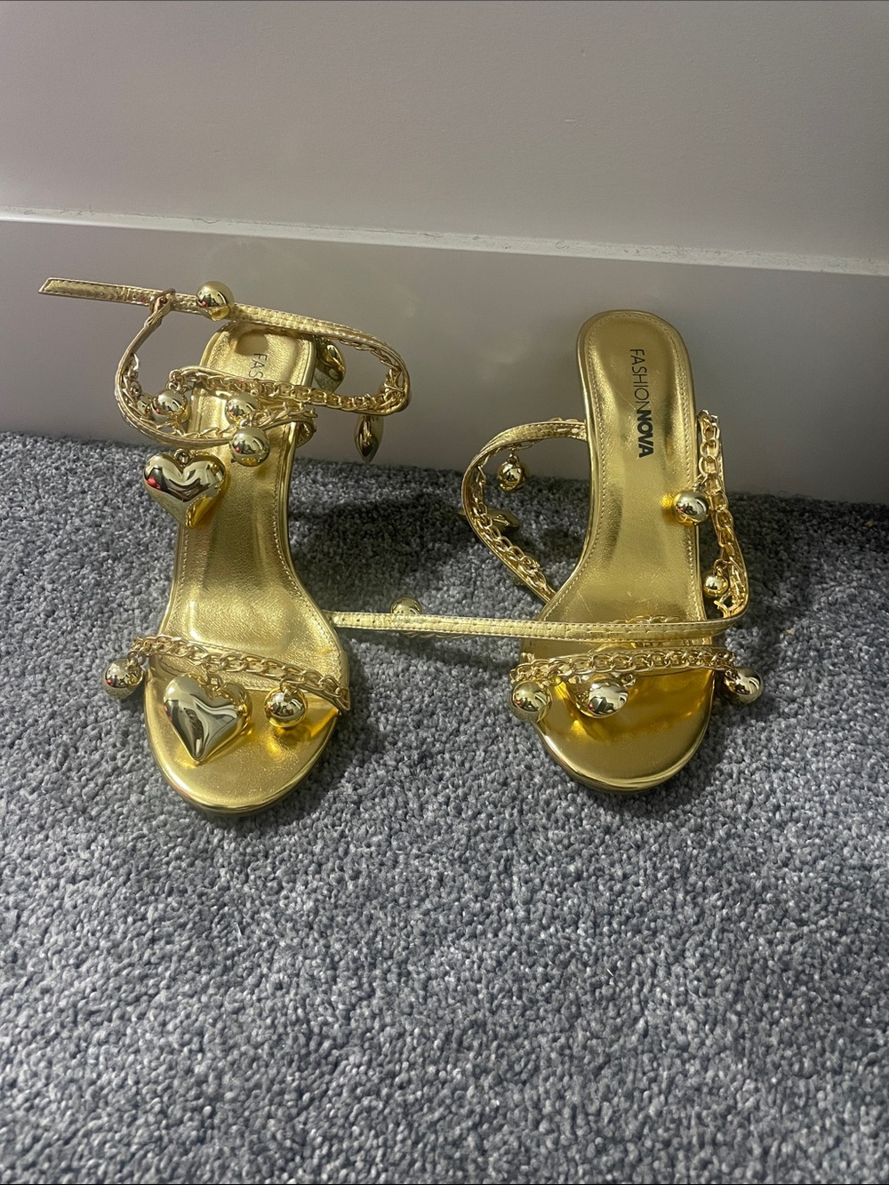 Fashion Nova Metallic Gold Heart-Trim Heeled Sandals